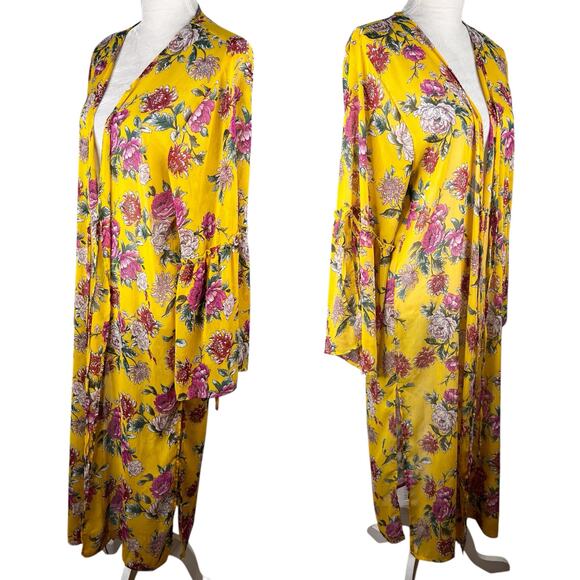 Band Of Gypsies Floral Kaftan Coverup Swim Kimono Yellow Pink Large Tie Closure - Picture 2 of 16